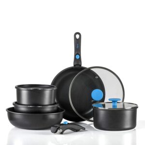 סט סירים 11 חלקים עם 2 ידיות נשלפות - FLEXI בשילוב כחול בהיר מבית Food appeal