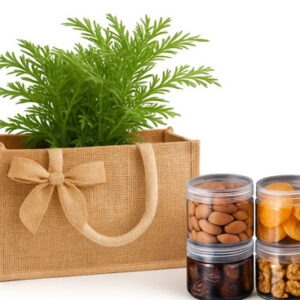 תיק יוטה עם 4 קופסאות רב פעמיות עם פירות יבשים ועציץ תבלין