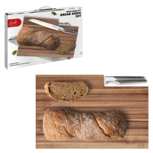 "Comida" סט לוח חיתוך לחם עץ איכותי ACACIA וסכין לחם נירוסטה 8.5" במארז מתנה