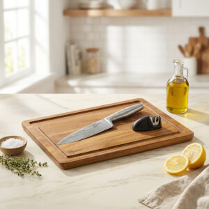 לוח עץ עם סכין שף ומשחיז קרמי